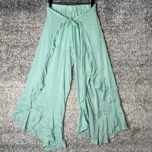Blue Life Pants Womens Small Green High Rise Ruffle Wide Leg Boho Lounge Beachy
